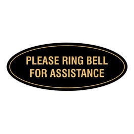 Signs ByLITA Oval Please Ring Bell for Assistance Sign (Black/Gold) - Small
