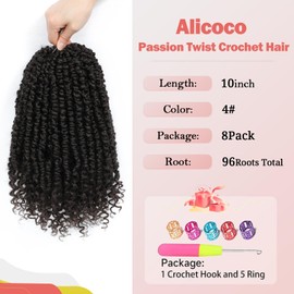 Alicoco Passion Twist Crochet Hair 10 Inch Passion Twist Hair Pre Looped 8 Packs Spring Twist Crochet Braids with Curly Ends Pre-Twisted Crochet Hair for Women (4#)