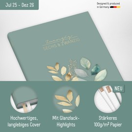 Häfft® Chäff-Timer Classic Calendar 2025/2026 A5 "Shiny Leaves" Book Calendar, Appointment Calendar, Weekly Planner for 18 Months: July 2025 to Dec. 2026 - Sustainable and Climate Friendly