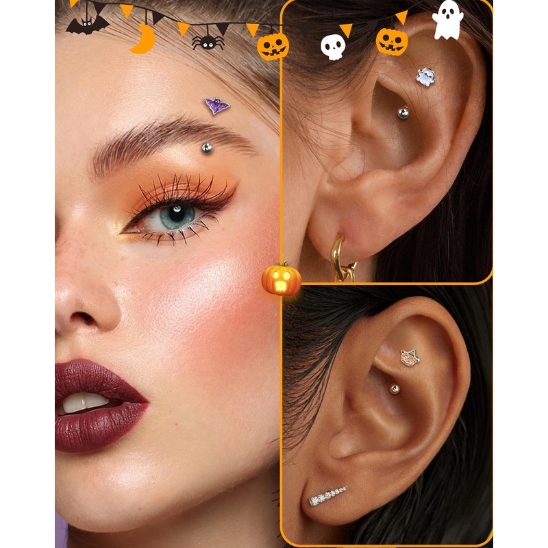 Agrewd 3PCS Halloween Rook Earrings 16G Silver Rook Eyebrow Jewelry