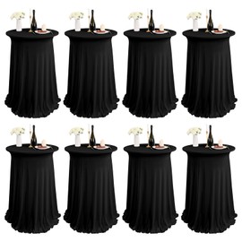 REWOMC 8 Packs Round Cocktail Table Skirt 32"x 43" Spandex Stretch Cocktail Tablecloth with Wavy Drapes, Black Spandex Fitted High Top Table Covers for Wedding Bar Party Birthday Banquet Table