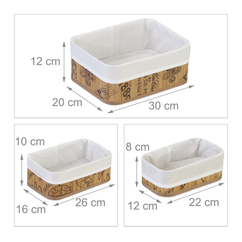 Relaxdays Set of 3 Bamboo Storage Baskets with Fabric Cover,