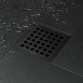 Neodrain Low Profile Shower Drain Kit, Square Drain, 4" Matte Black 304 Stainless Steel Floor Drain, Removable Drain Grate Drain Key, PVC Bonding Flange Base with Fabric, for Low Profile Shower Pan