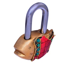 Purpledip Fish Shaped Brass Lock Padlock: Handmade Antique Design with Colorful Gemstone Work; Unique Collectible Combination of Style & Security (10663)