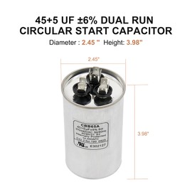 Powswopx 45+5 uF 45/5 MFD ±6% 370V/440VAC CBB65 Dual Run Circular Round Start Capacitor for Condenser Straight Cool or Heat Pump Air Conditioner, AC Motor, AC Motor Run, Fan Start - 2 Pack