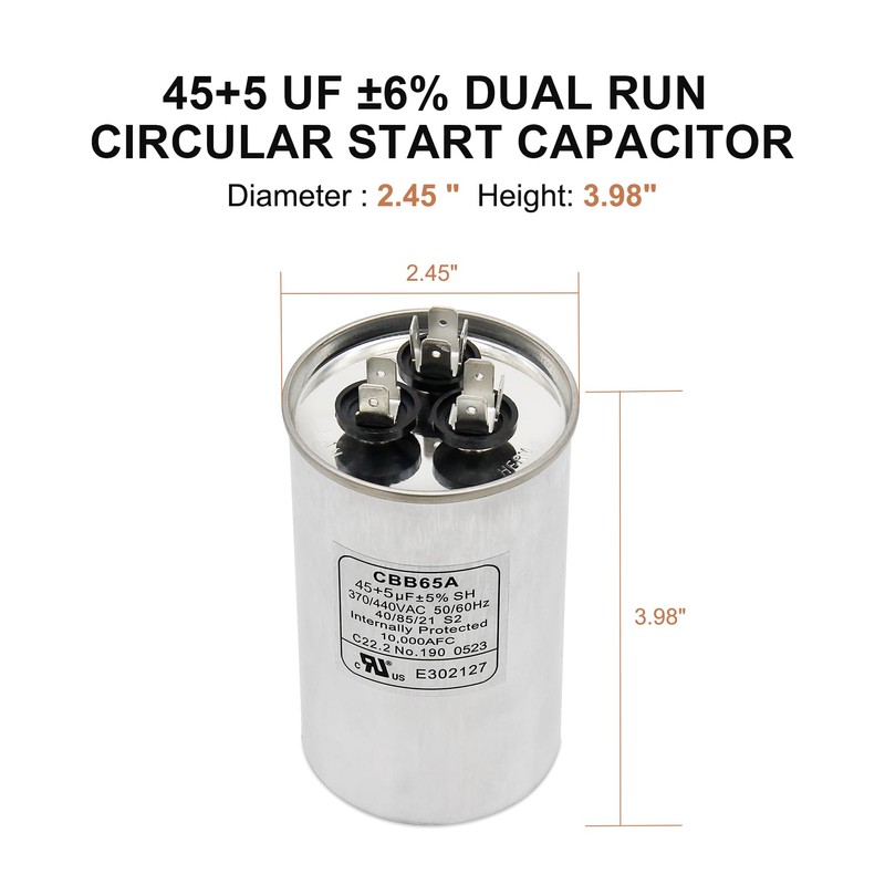 Powswopx 45+5 uF 45/5 MFD ±6% 370V/440VAC CBB65 Dual Run