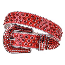 Cowgirl Cowboy Rhinestones Belt Western Bling Men Women Studded Leather Belt For Jeans Pants, All Red, Fit Waist 32-34 inches