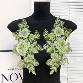 G-RUI 2pcs/pair Beaded Sequins Embroidery Flower Lace Appliques for Wedding Dresses Rhinestone Lace Applique Patches Embroidery Parches ropa for Clothes (Green)