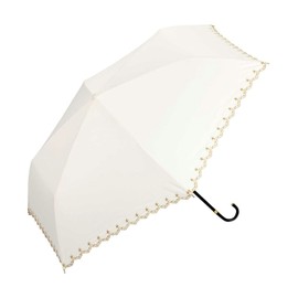 2023 Wpc. 801-19720-102 Women's Mini Folding Parasol, Blackout, Scallop, 19.7 inches (50 cm), For Sun/Rain, 100% UV Cut, Star Embroidery, Elegant, Simple Design, Stylish, To Work/School, Off-White