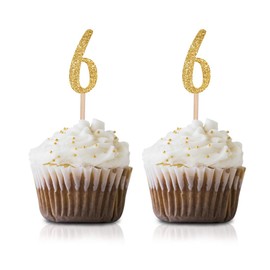 Gold Happy 6th Birthday Cupcake Topper, 24-Pack Number 6 Glitter Birthday Party Cupcake Toppers, Decorations