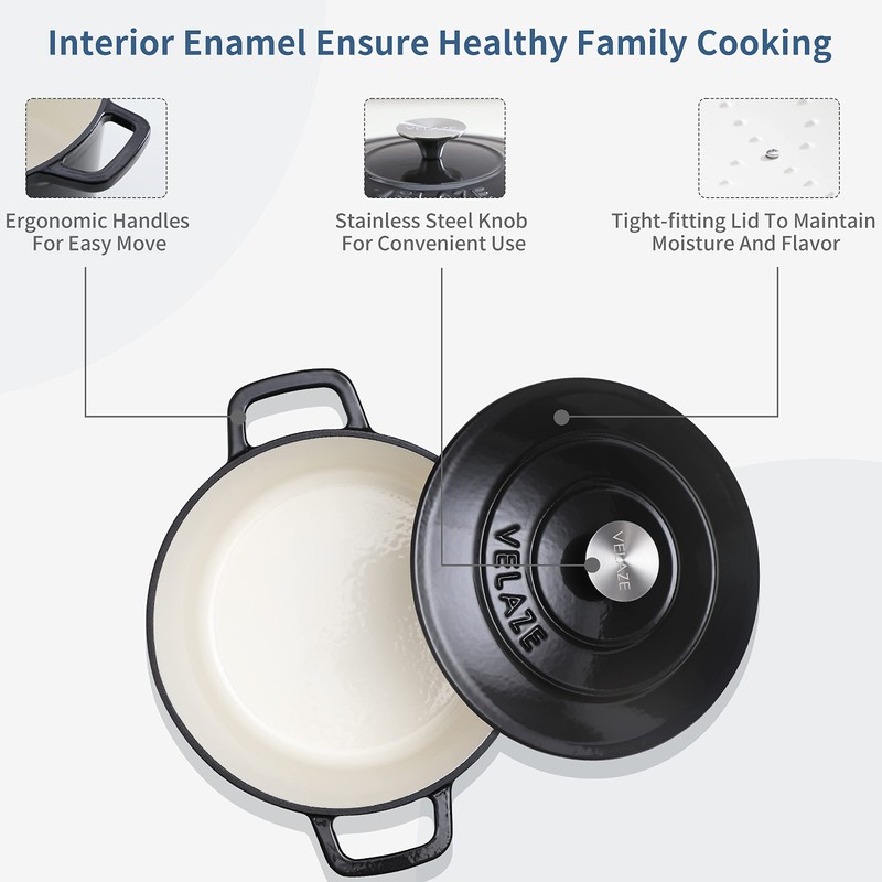 Velaze 6 QT Enameled Cast Iron Dutch Oven, Dual Handles