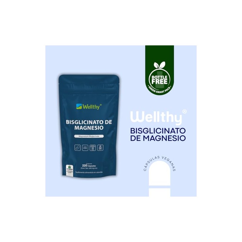 Wellthy Bisglicinato Magnesio 220 Cápsulas 432mg Elemental 100 Natural Alta