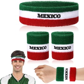 Jadive Italia Mexico USA Number 15 Sweatband Set Headband and Wristbands Includes 1 Head Sweatband and 2 Sports Wristband Costume Absorbing Headband USA Italy Mexico Costume(Mexico,Red, White, Green)