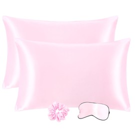 PiccoCasa Satin Pillowcases for Hair and Skin with Eye Mask and Scrunchie Soft Pillowcase 2 Pack Zipper Closure Silky Bed Pillow Covers Set for Sleeping Pink 50 x 75cm