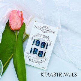 Starry Sky Press on Nails Short Square Dark Blue Fake Nails with Stars Design Reusable Artificial Nails Coffin Shape False Nails Full Cover Glossy Acrylic Nails for Women Manicure 24PCS