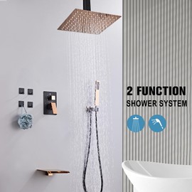 RTOBWEYE 12 Inch Ceiling Mount Shower System Matte Black Gold Rain Mixer Shower Combo Set High Pressure Rainfall Shower Head System Bathroom Luxury Shower Faucet Set Rough-in Valve and Trim Included