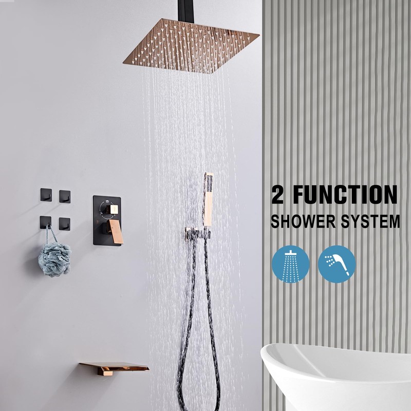 RTOBWEYE 12 Inch Ceiling Mount Shower System Matte Black Gold