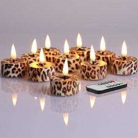 Eywamage Leopard Pattern Flameless Tealights with Remote Batteries Included, Flickering Plastic LED Tea Votive Candles Set of 12