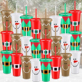 Skylety 24 Pcs Christmas Cups Reusable Christmas Plastic Cups 24 oz 4 Styles Christmas Reusable Cups with Lids and Straws for Coffee Wine Hot Cold Drinks for Xmas Party Supply