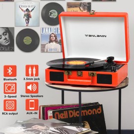 TANLANIN Portable Vinyl Record Player with Bluetooth and USB Recording, Vintage Suitcase Record Player with Built-in Stereo Speakers, 3-Speed Turntable, RCA/AUX/Headphone Jack, Orange