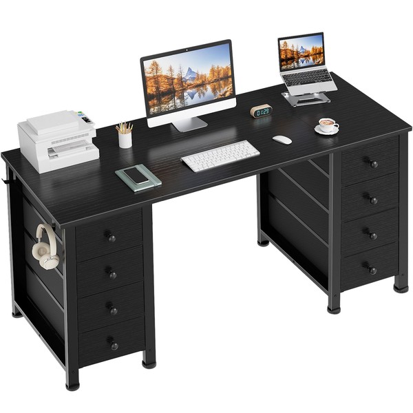 Black Gaming Desk with Drawers on Both Sides, 55 Inch