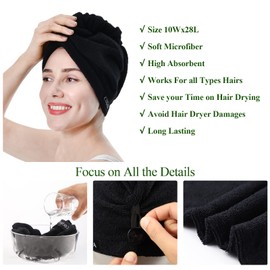 COGANA 3Pack Microfiber Hair Towels, Hair Towel Wrap for Women, Hair Drying Towel with Button, Hair Wrap Towel for Curly Hair, Hair Turban for Wet Hair(10Wx28L, Black)