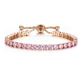 Treasure Bay Crystal Adjustable Tennis Bracelet For Women | 14K Gold Plated Cubic Zirconia Classic Tennis Bracelet for Girls (Pink - Rose Gold Plated)