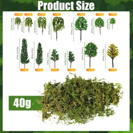 Tigeen 28 Pcs Model Trees Mixed Model with 1.4 Ounce Faux Green Moss Decor Tree Train Scenery Architecture for DIY Crafts, Building, Scenery Landscape(Natural Green)