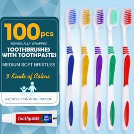 100 PCS Individually Wrapped Bulk Toothbrushes with Toothpastes, Colorful Manual Disposable Toothbrushes for Adult or Kid, Ergonomics Handle, Medium Soft Bristles, Perfect for Travel, Hotels, Donation