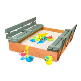 Badger Basket Wooden Sandbox with Lid & Benches - Large Outdoor Sandbox for Kids Made of Cedar - Foldable Cover, Seating & Backyard Playset (46.5 x 46.5 x 9.5)