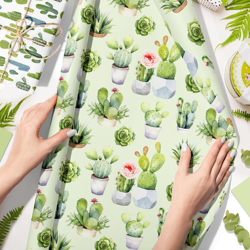 Cactus Wrapping Paper Set - 12 Sheets Watercolor Cactus Gift