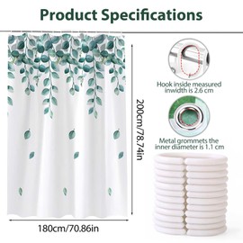 CINGHIA Shower Curtain Leaves, Shower Curtain Plants, Shower Curtain Eucalyptus with Shower Curtain Rings, Shower Curtain 180 x 200 cm, Washable Shower Curtain, Green, Shower Curtain for Bathtub