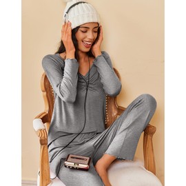 Ekouaer Womens 2 Pack Pajama Set Long Sleeve Pajamas Top and Pants V Neck Pjs Set Soft Sleepwear Loungewear