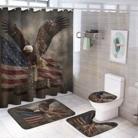 4PCS Patriotic Bald Eagle American Flag Cross Shower Curtain Set 72W X 72L, Vintage Sky Brown Print Bathroom Decor, Toilet Lid Cover Non-Slip Rugs and U-Shaped Mat Set 12 Hooks
