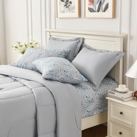 HollyHOME King Comforter Set, 7 Pieces Bedding Set, Grey Comforter Set with Colorful Butterfly Sheet Set, King Size Bed in a Bag for All Season, Light Grey