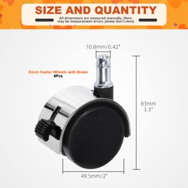 Tanstic 4Pcs 2" Swivel Stem Caster Wheels with Brake, 5/16" Stem Diameter Casters, Twin Wheel Replacement Casters for Furniture Office Chair