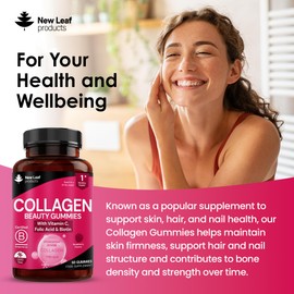 NEW LEAF PRODUCTS Collagen Gummies - High Strength Type l Bovine Collagan Beauty Supplement - Advanced Superior Type 1 Hydrolysed Collagen Peptides - Added Biotin, Vitamin C & Folic - 60 Gummies