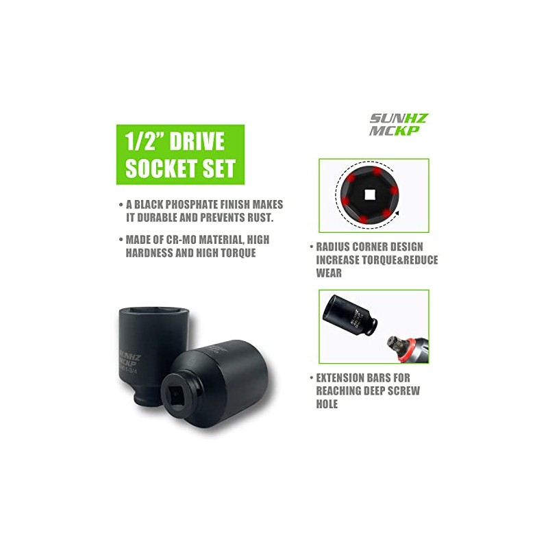 SUNHZMCKP 1/2" Drive Deep 6-Point Impact Socket Set, 8-Piece Standard