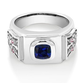 Gem Stone King 2.53 Ct Cushion Blue Created Sapphire Pink Lab Grown Diamond 925 Silver Men'S Ring (Size 8)