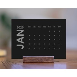 Modern Minimalist 2026 Desk Calendar – 4"x5.5" with South American Walnut Wood Stand | Black Cards with Soft White Text | Stylish, Reusable Base, Monthly Display for Office or Home Decor
