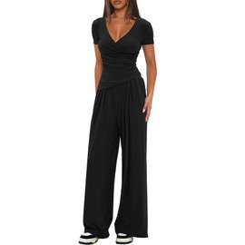 Darong Women's 2 Piece Lounge Outfits Sets Warp V Neck Short Sleeve Shirts and Wide Leg Pants Tracksuits Casual Matching Sets 9084A Black S