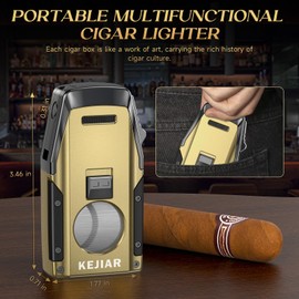 KEJIAR Cigar Lighter, Multi-Purpose Cigar Torch Lighter, Refillable Butane Torch Lighter, Built-in Punch, Fan-Shaped Serrated Double-Blade Cigar Cutter and Stand, Ideal Cigar Accessories for Men Gift
