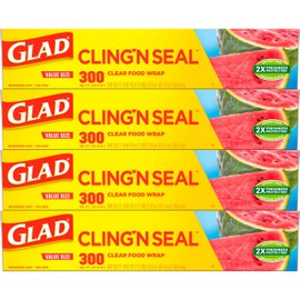 Glad Cling N Seal Plastic Food Wrap, 300 Square Foot Roll - 4 Pack (Package May Vary)
