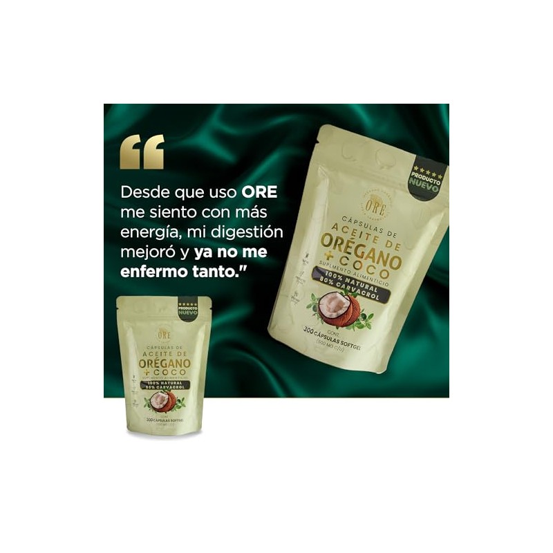 ORE 300 Cápsulas ORE Aceite de Orégano 80% Carvacrol +