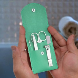 HANTEKAS Travel Manicure Set Professional Nail Clipper Kit-5 Pieces Stainless Steel Manicure Kit, Women Men Grooming kit With Nail Care Tools Beauty Scissors Tweezers (Silver Green)
