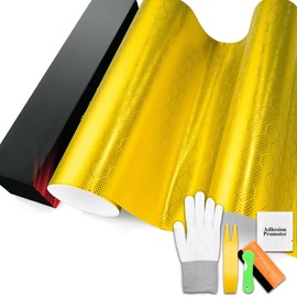 PET Honeycomb Carbon Fiber Satin Golden Yellow Vinyl Wrap Auto Car Sticker Decal Film Sheet Like Paint Bubble Free Air Release Technology with Tool Set 1.6FTx5FT