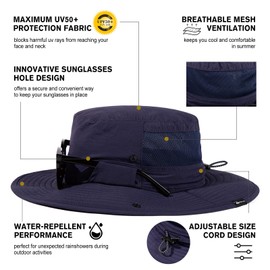 TOP-EX XL/XXL Mens Sun Hat Wide Brim Summer Hat with Sunglass Lock Neck Flap UPF 50 Waterproof Outdoor Fishing Safari Hat Packable Navy Blue