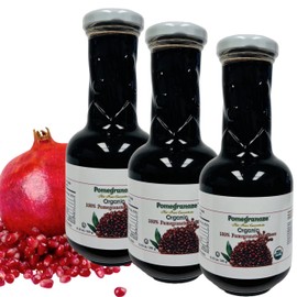 100% Organic Pomegranate Molasses 12.35 Oz Glass Bottle,(3 Pack) No Sugar Added, Vegan, NON GMO, Gluten Free and Kosher