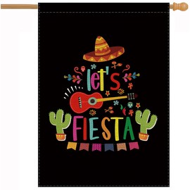 Cinco De Mayo House Flag Let's Fiesta Sombrero Guitar Cactus Vertical Double Sided Holiday Flag Farmhouse Yard Outdoor Decoration 28 x 40 Inch