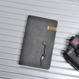 Wonderpool Leather A6 Diary Notebook Ring Binder with Pen - Refillable Folder Writing Paper Spiral Business Notepads Vintage Cover for Office Plan Travel Personal Organiser (A-Grey, A6)